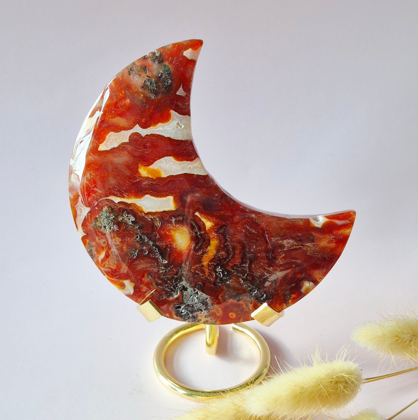 Roter Druzy-Moosachat-Mond (10-12 cm) auf Ständer – Nr. 3