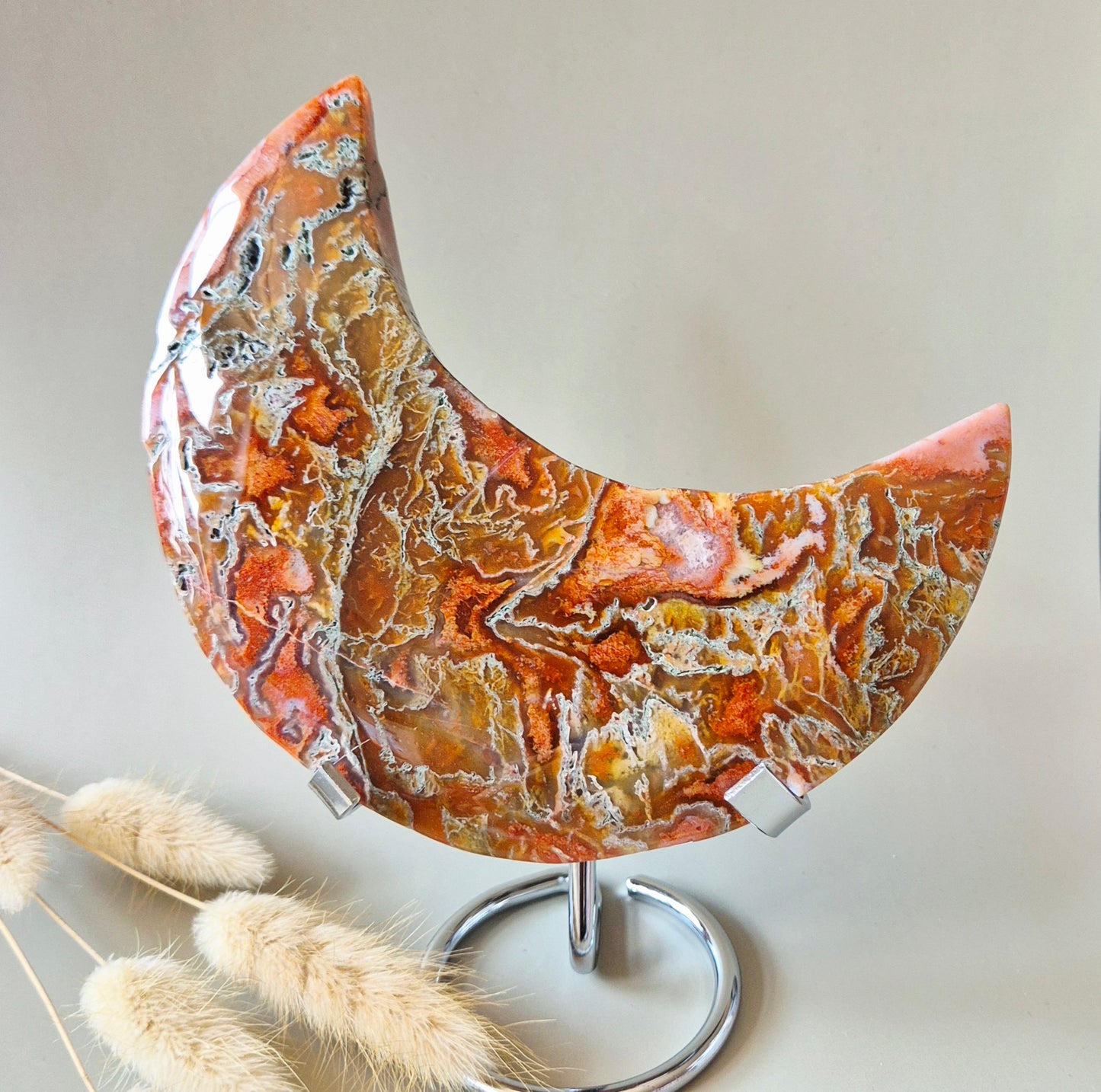 Roter Druzy-Moosachat-Mond (10-12 cm) auf Ständer – Nr. 3