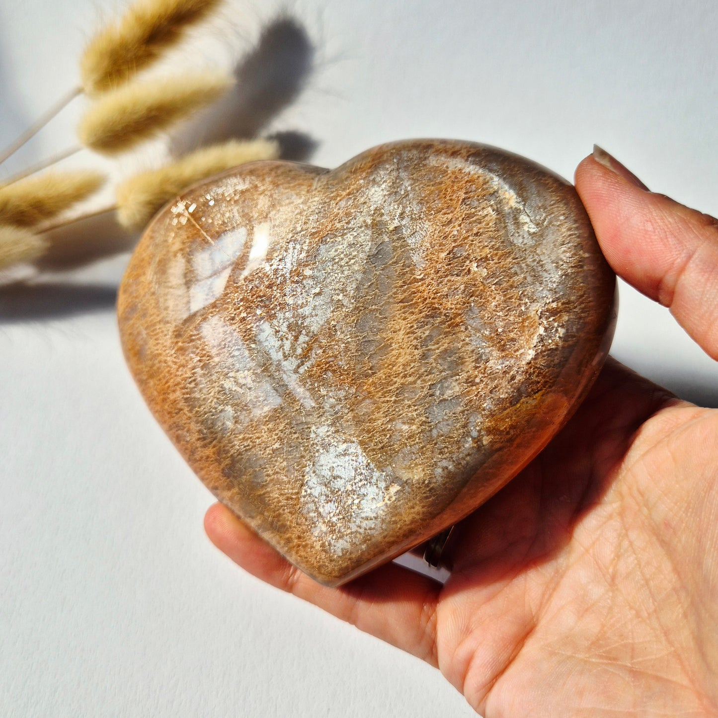 Groot Peach Moonstone edelsteen hart 11 cm 444 gram met warme perzik- en zilverachtige glans