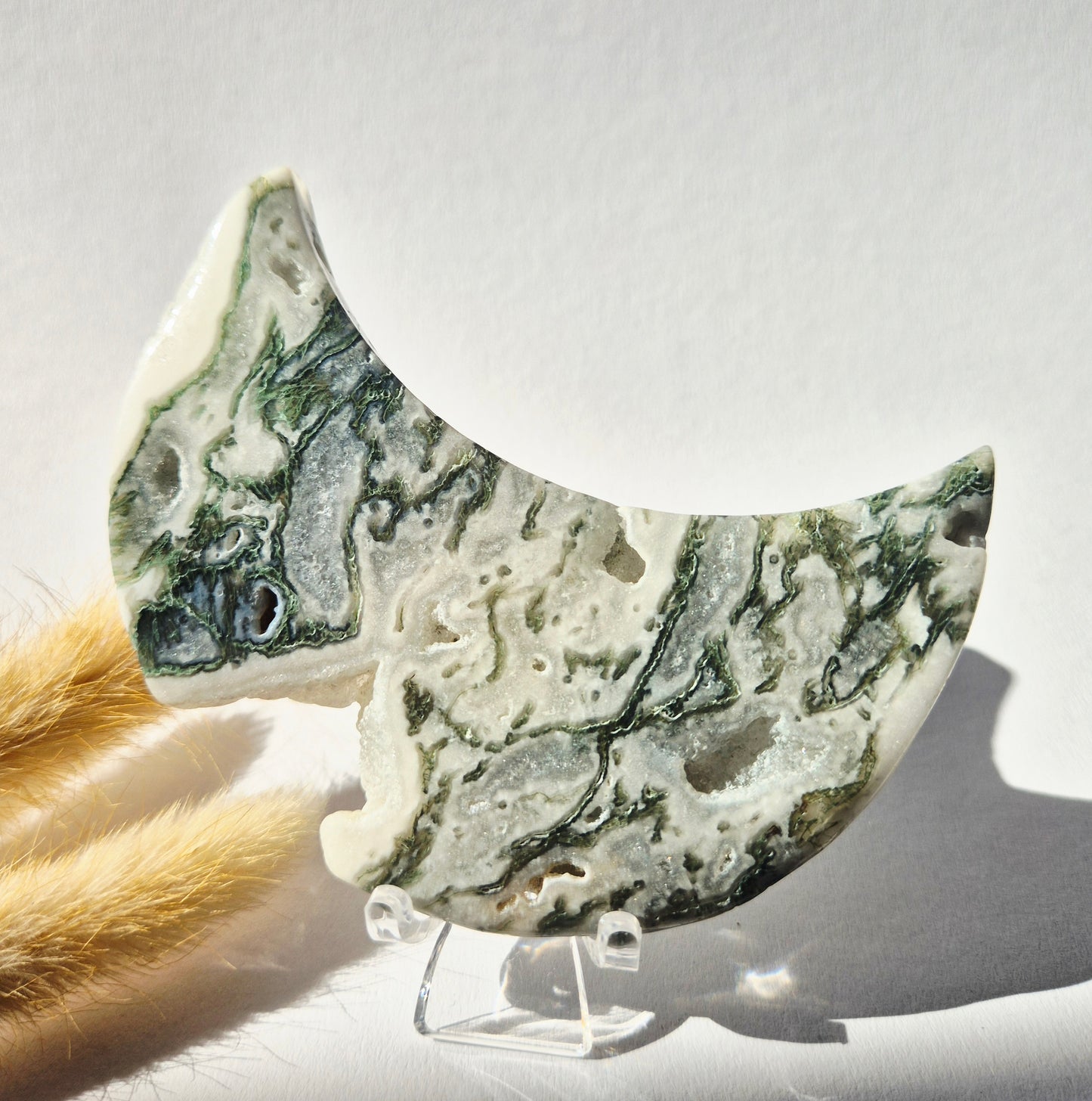 Gemstone Moss Agate Moon on Stand (Druzy & Patterns) Agate - #72 10cm