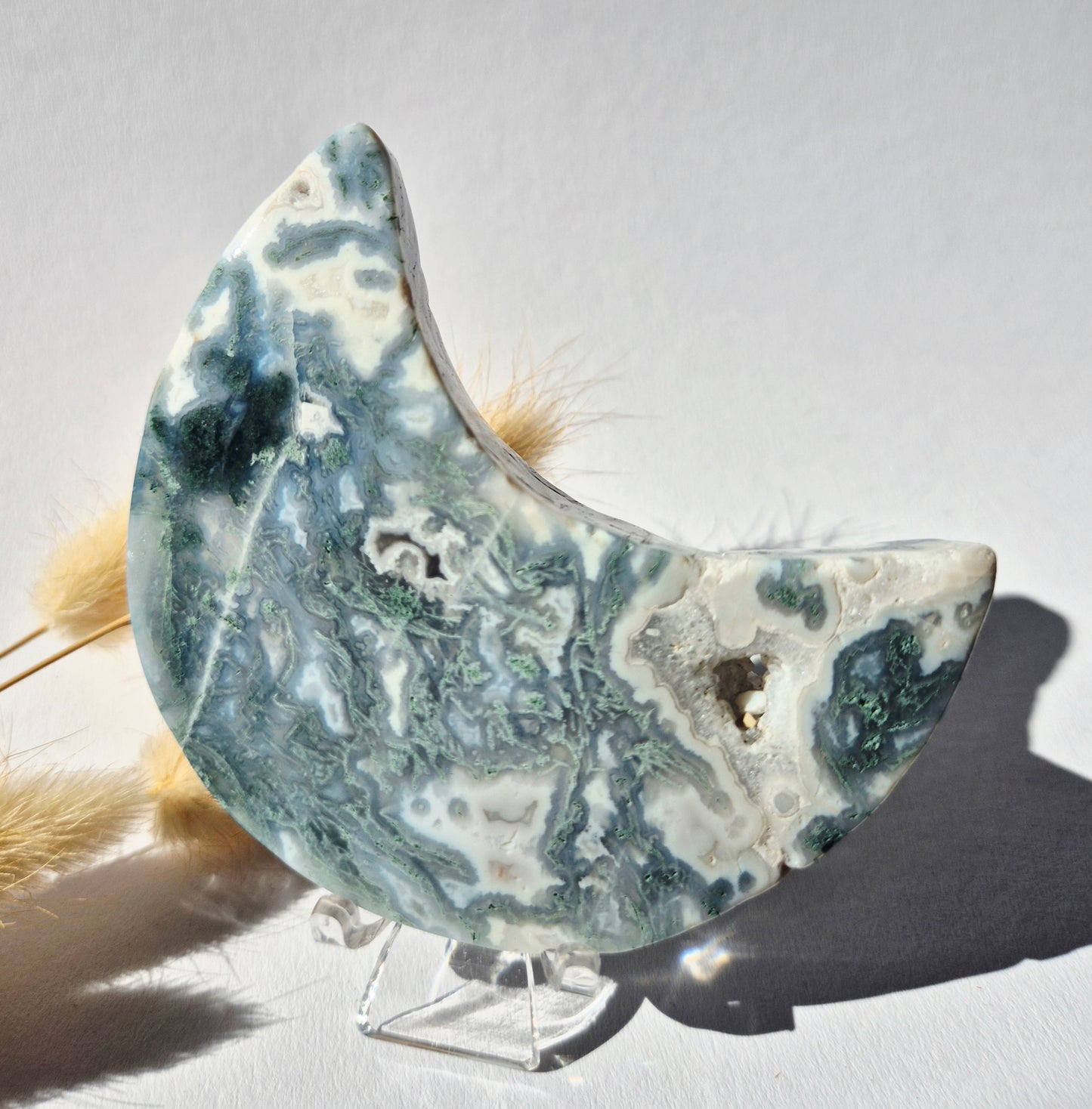 Gemstone Moss Agate Moon on Stand (Druzy & Patterns) Agate - #72 10cm