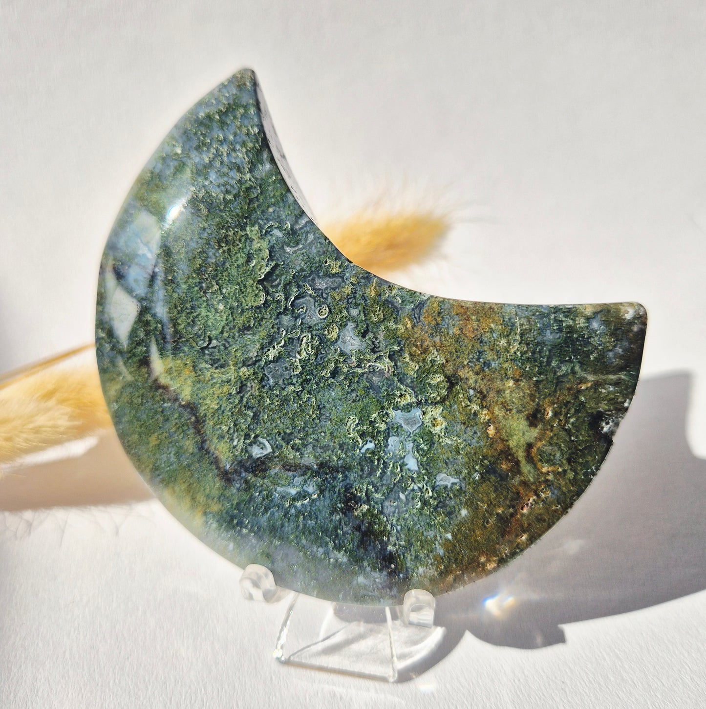 Gemstone Moss Agate Moon on Stand (Druzy & Patterns) Agate - #72 10cm