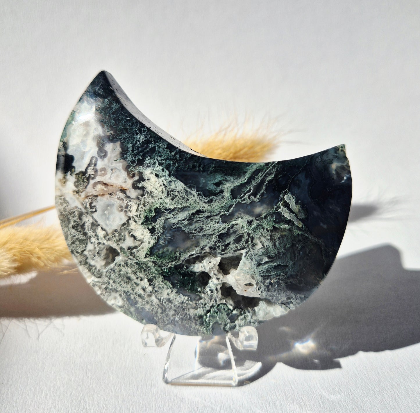 Gemstone Moss Agate Moon on Stand (Druzy & Patterns) Agate - #72 10cm