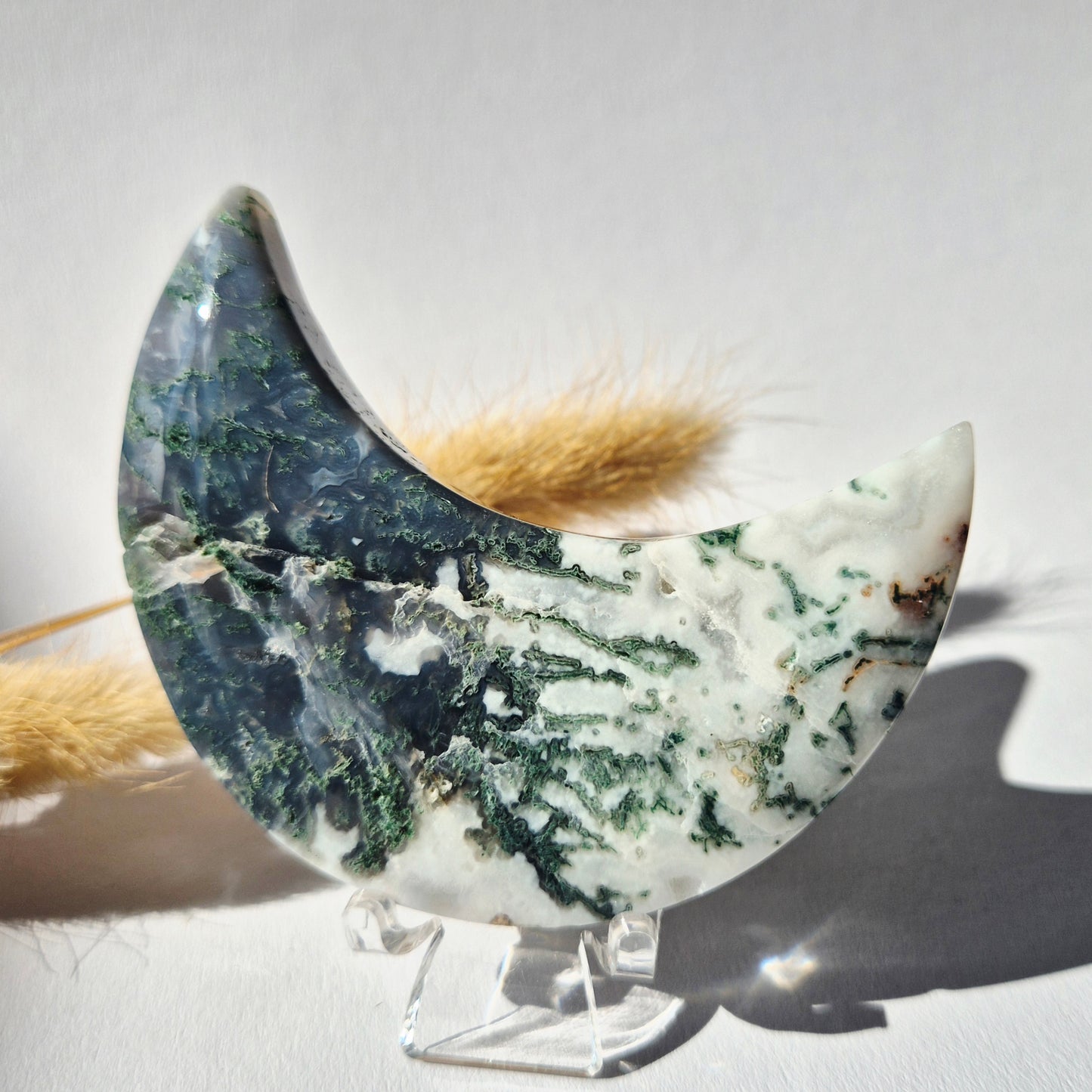 Gemstone Moss Agate Moon on Stand (Druzy & Patterns) Agate - #72 10cm