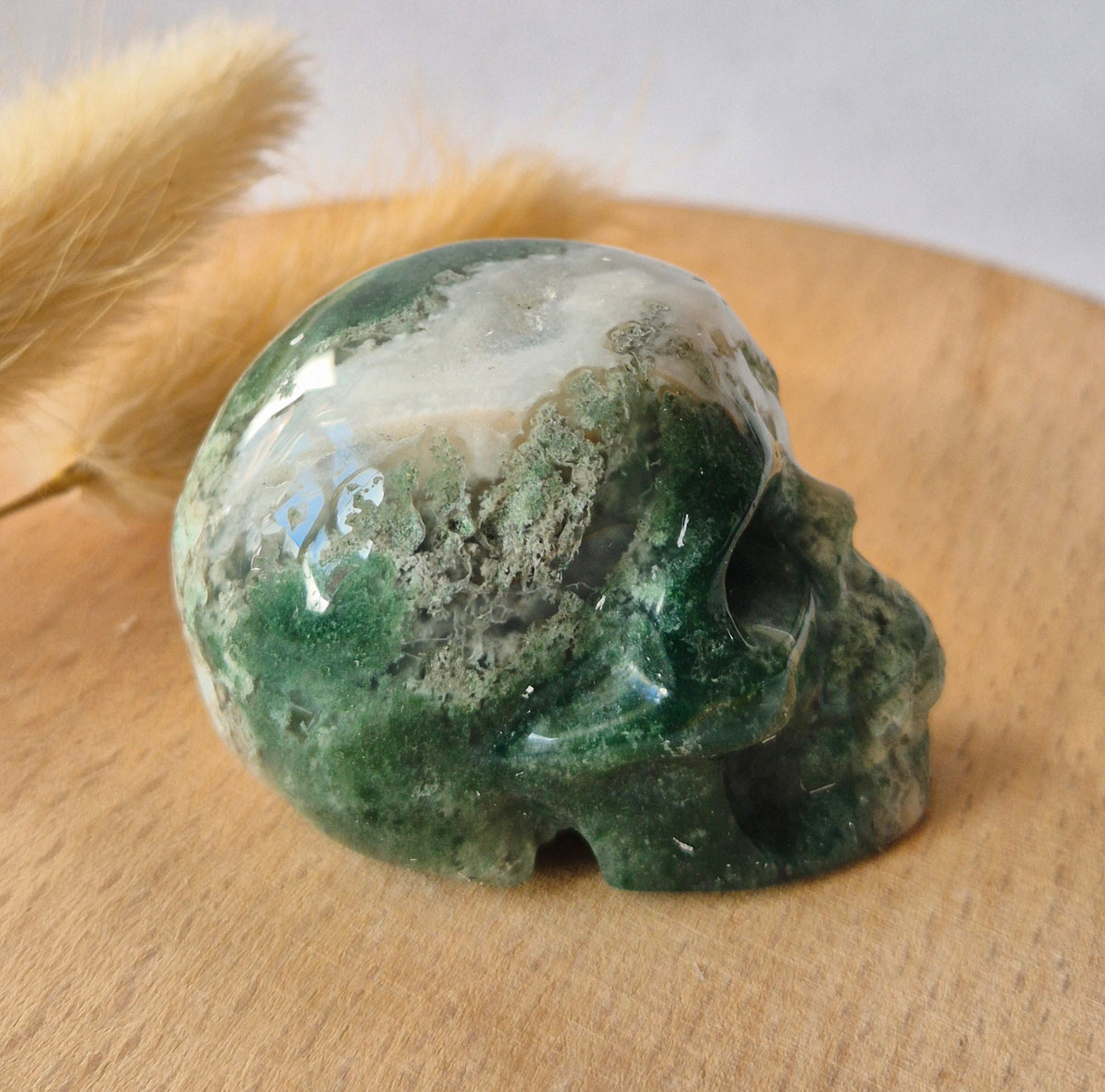 Mosagaat Skull Carving #1 | 5–6 cm Geslepen Edelsteen
