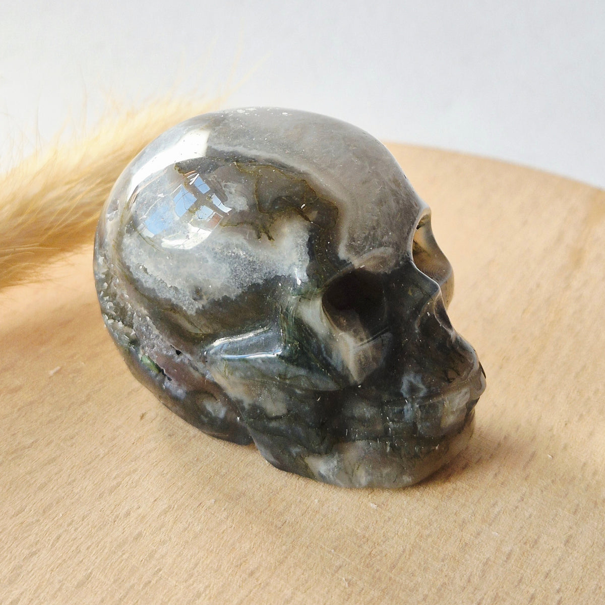 Mosagaat Skull Carving #9 | 5–6 cm Geslepen Edelsteen