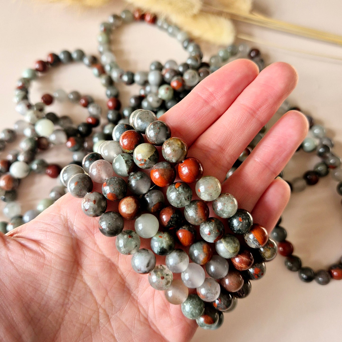 Edelsteen armband met 8mm ronde kralen - Afrikaanse Bloedsteen / African Bloodstone