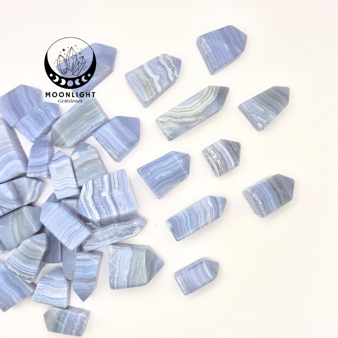 Mini points calming colors of Blue Lace Agate at Moonlight Gemstones