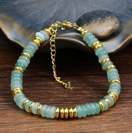 Light Green Gemstone Bracelet with Gold Accents - 19cm