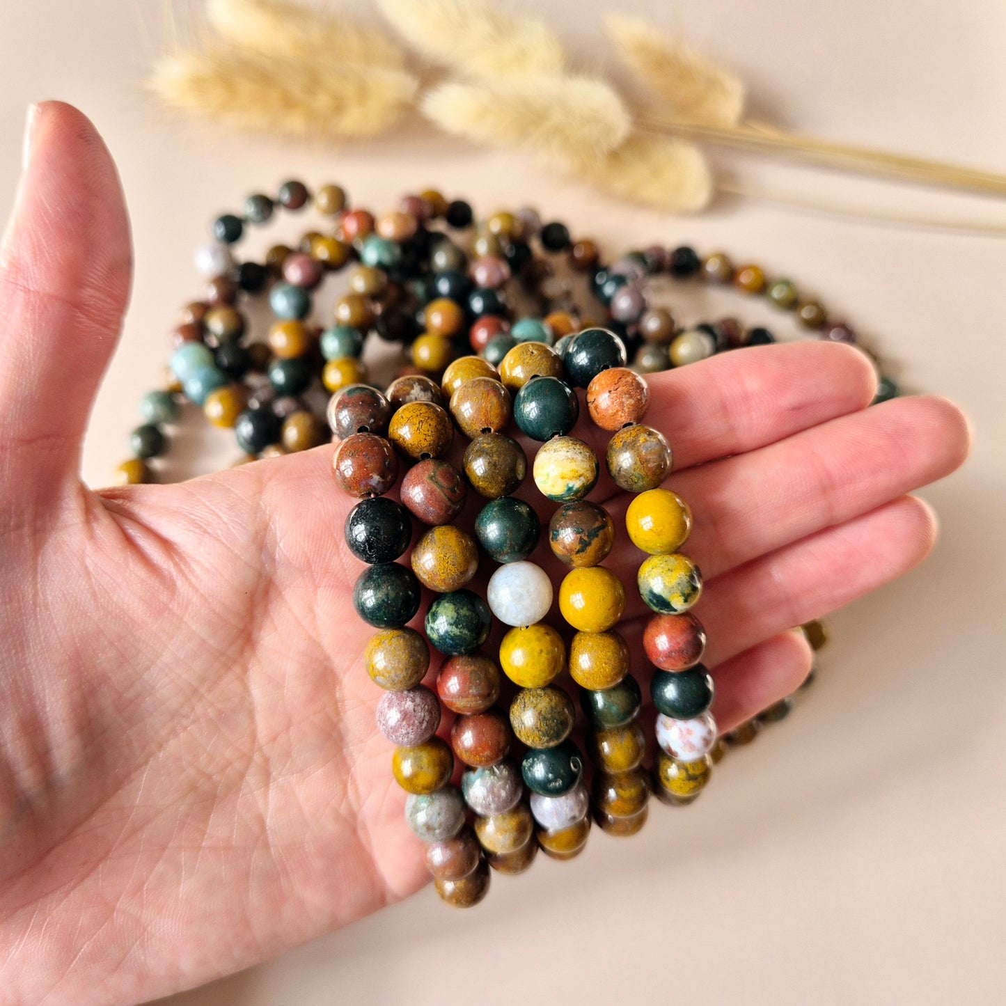Edelsteen armband met 8mm ronde kralen - Ocean Jasper