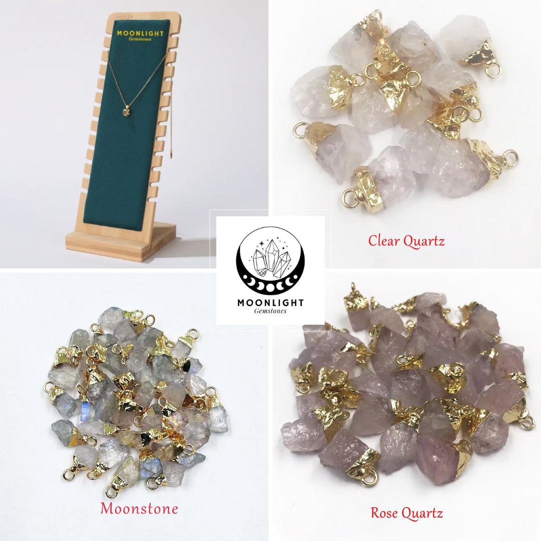 Starterpaket mit Halskette mit kleinem Rohedelsteinanhänger (1–1,5 cm) + kostenloses Display