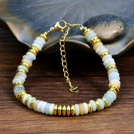 White Mixed Gemstone Bracelet with Gold Accents - 19cm