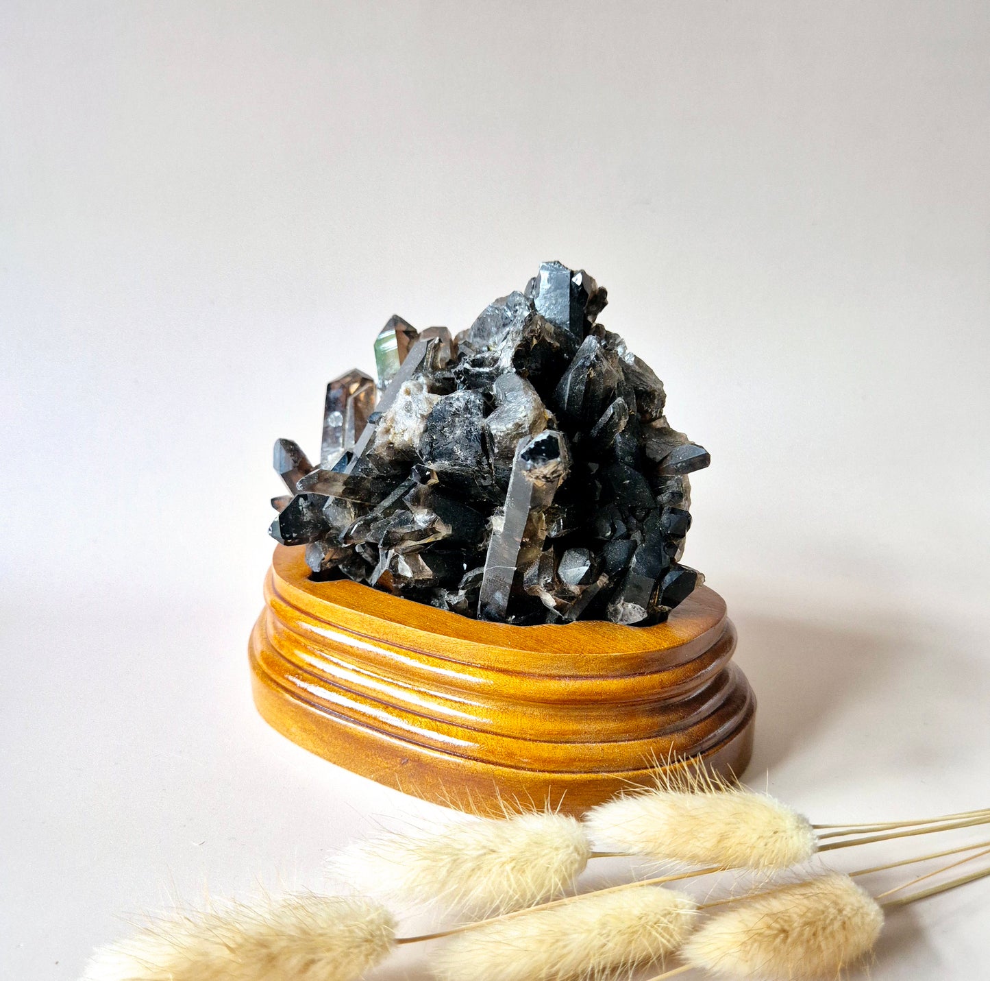 XL Ruwe Smoky Quartz Edelsteen Cluster op Houten Standaard