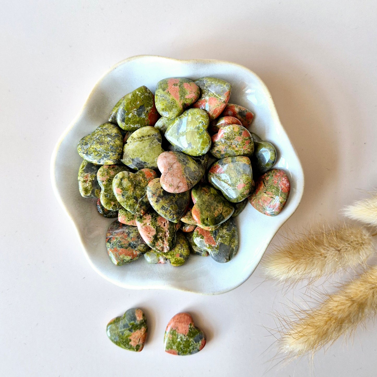 Mini Hart - Unakite Edelsteen Hartje / Zaksteen worry stone  (2x2cm)