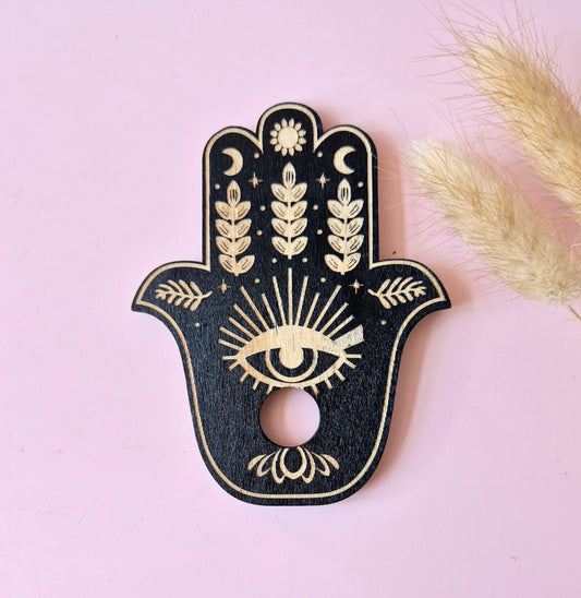 Houten Edelsteen Bolhouder – Hamsa Hand