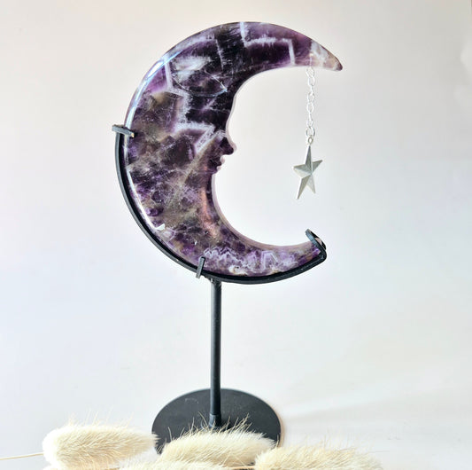 XL Gemstone Moss Agate Moon on Stand (Druzy &amp; Patterns) #158 - 400g 12,7cm