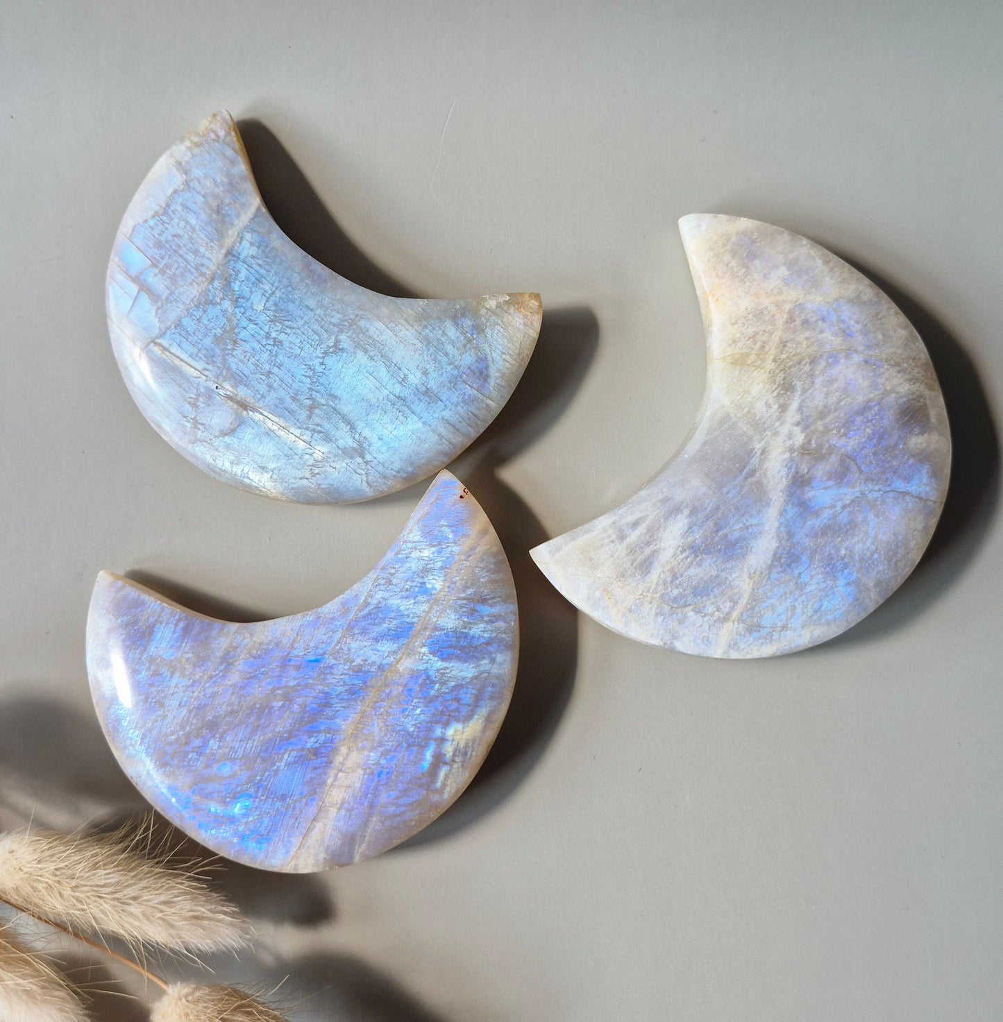 Gemstone Blue Moonstone Moon on Stand 6-8cm With Beautiful Flash
