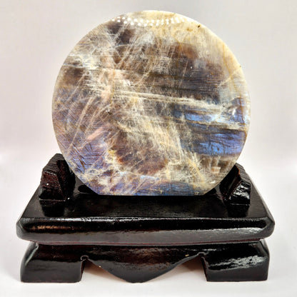 Large Flashy Round Blue Moonstone on wooden Stand – 10,5cm