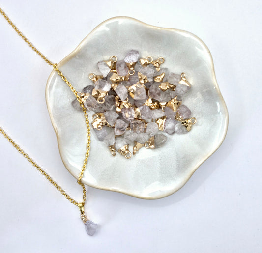Gold-Colored Necklace with Raw Clear Quartz Pendant (1cm)