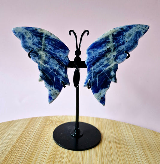Sodaliet Butterfly (vlinder) Crystal Carving met Metalen Standaard