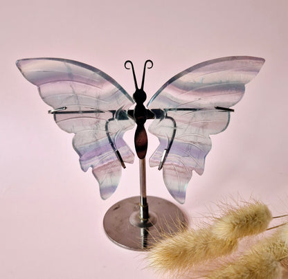 Candy Fluorite Butterfly Edelsteen Crystal Carving met Metalen Standaard vlinder