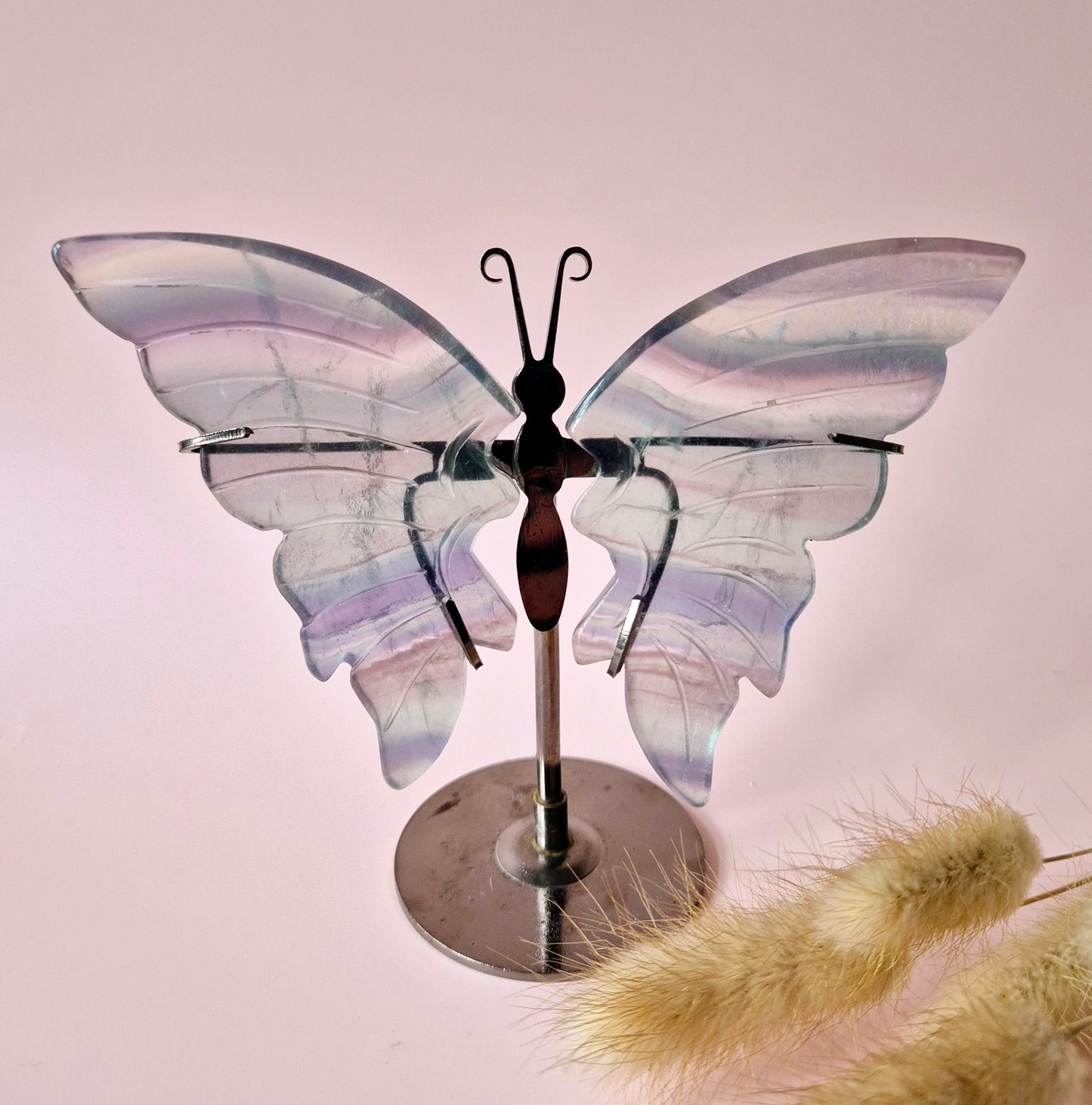 Candy Fluorite Butterfly Edelsteen Crystal Carving met Metalen Standaard vlinder