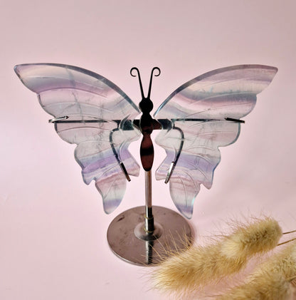 Candy Fluorite Butterfly Edelsteen Crystal Carving met Metalen Standaard vlinder