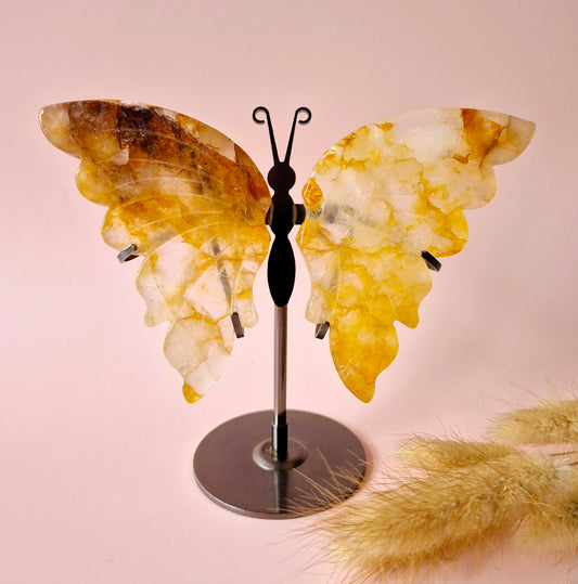 Golden Healer Butterfly Edelsteen Crystal Carving met Metalen Standaard vlinder