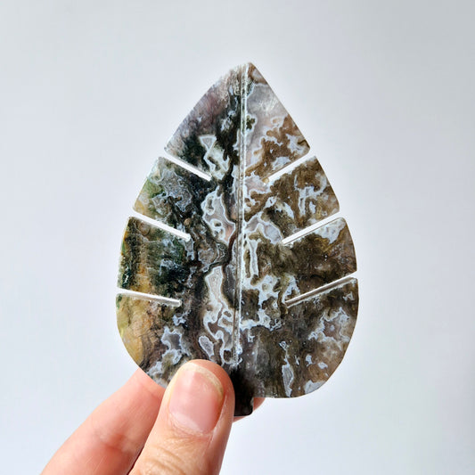 Edelsteen Druzy Mosagaat Monstera Blad (8 x 5,5 cm) – Natuur, Groei & Aarding