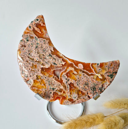 Red Druzy Moss Agate Moon (10-12 cm) on stand – #8