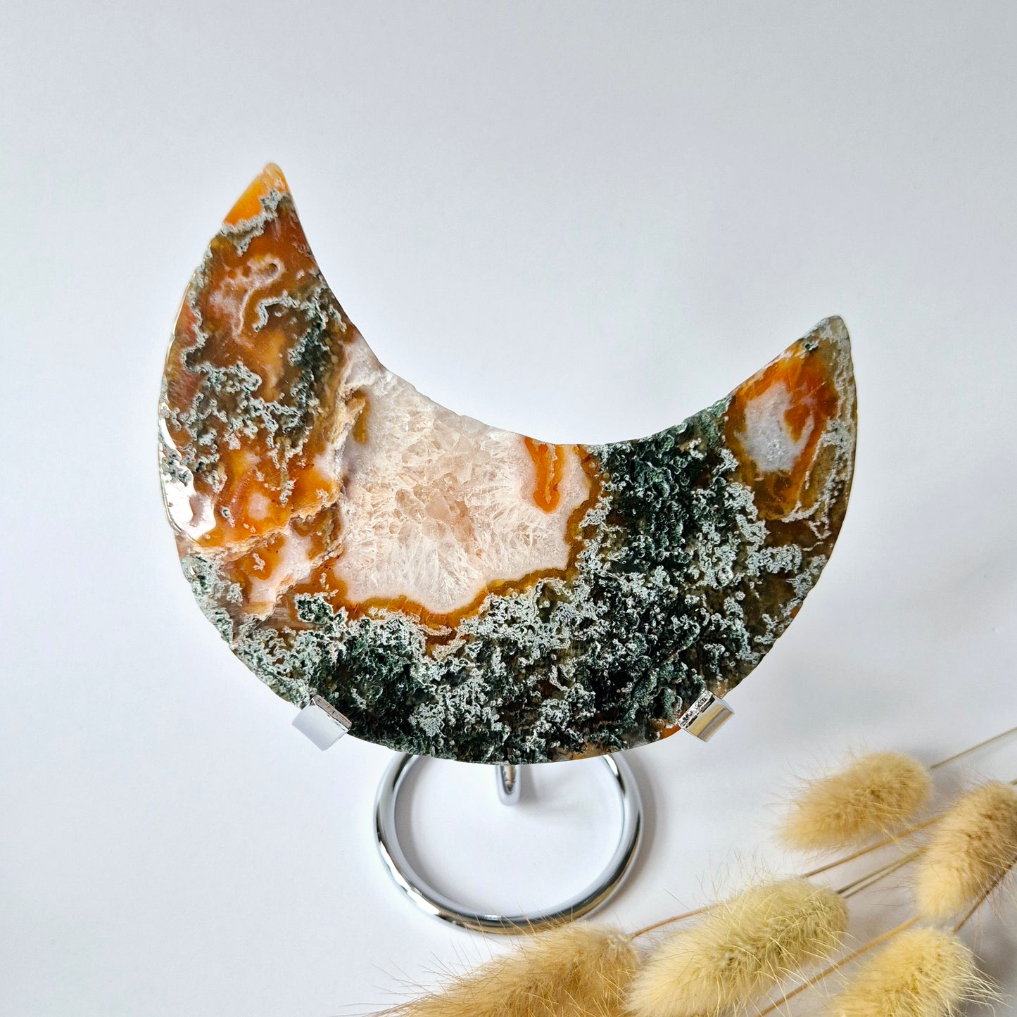 Red Druzy Moss Agate Moon (10-12 cm) on stand – #3