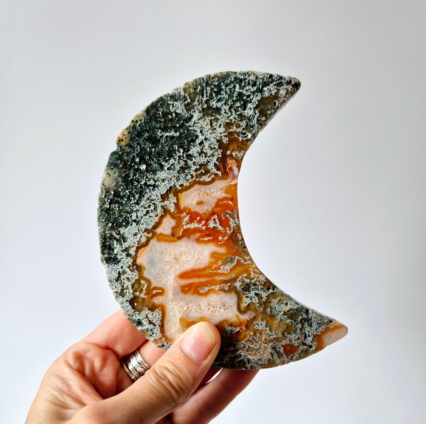Red Druzy Moss Agate Moon (10-12 cm) on stand – #3