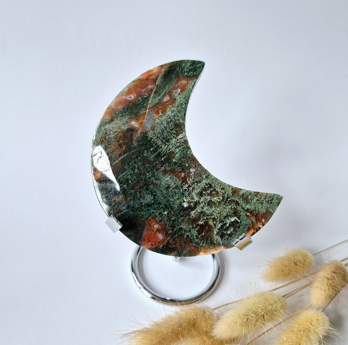 Roter Druzy-Moosachat-Mond (10-12 cm) auf Ständer – Nr. 2