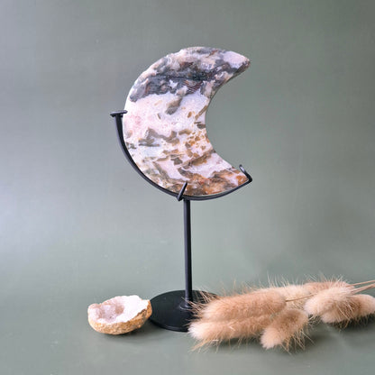 Roter Druzy-Moosachat-Mond (10-12 cm) auf Ständer – Nr. 12