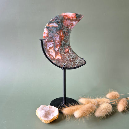Red Druzy Moss Agate Moon (10-12 cm) on stand – #24