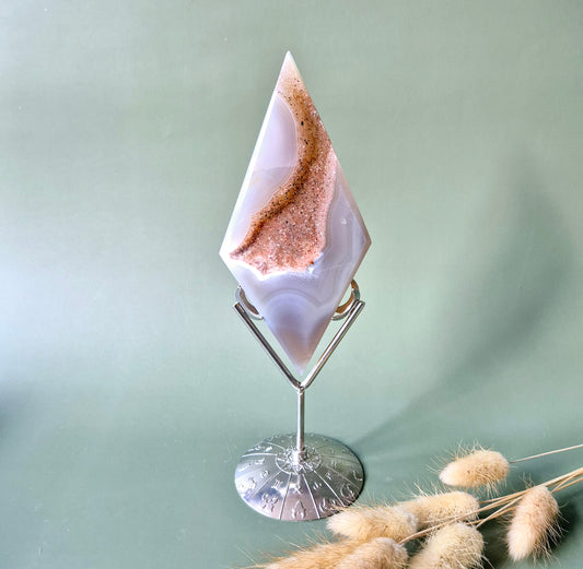 Gemstone Large Druzy Gray Agate Diamond on Metal Stand - #1 16x7cm