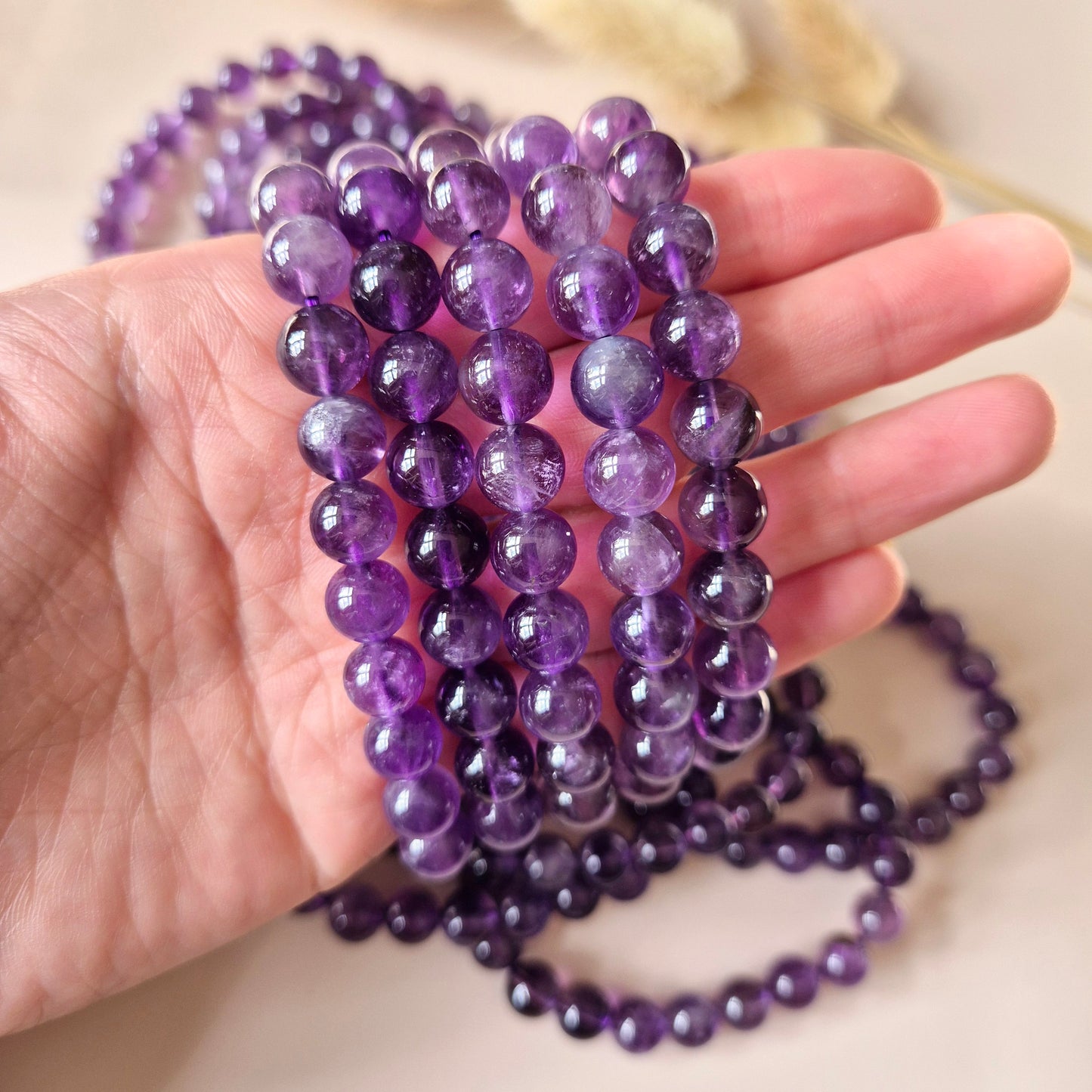 Edelsteen armband met 8mm ronde kralen - Amethist