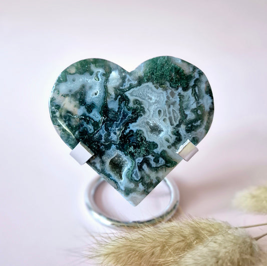 Edelsteen Druzy Mosagaat Hart op Metalen Standaard – #85 125gram