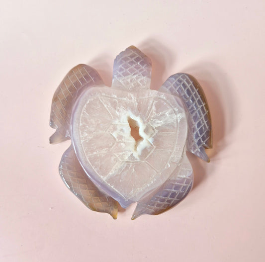Edelsteen Grote grijze agaat schildpad met druzy (8–12 cm) #2 – handgesneden edelsteen carving
