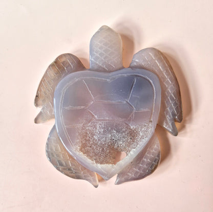 Edelstein Große Graue Achatschildkröte mit Drusen (8–12 cm) #10 – Handgeschnitzte Edelsteinschnitzerei