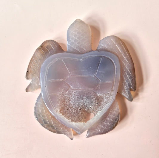 Edelsteen Grote grijze agaat schildpad met druzy (8–12 cm) #10 – handgesneden edelsteen carving