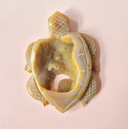 Edelsteen Grote grijze agaat schildpad met druzy (8–12 cm) #12 – handgesneden edelsteen carving