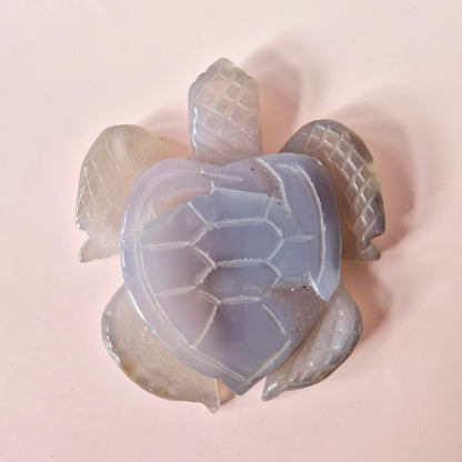 Edelstein Große Graue Achatschildkröte mit Drusen (8–12 cm) #15 – Handgeschnitzte Edelsteinschnitzerei