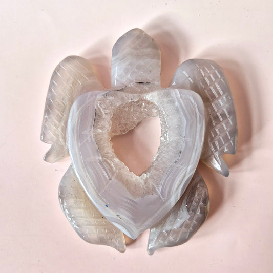Edelsteen Grote grijze agaat schildpad met druzy (8–12 cm) #20 – handgesneden edelsteen carving