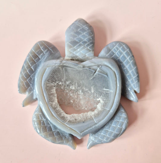 Edelsteen Grote grijze agaat schildpad met druzy (8–12 cm) #22– handgesneden edelsteen carving