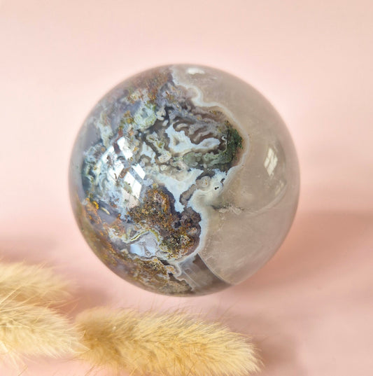 Kristall Edelstein Kugel Moosachat Druzy Kugel 55mm, 372g #G