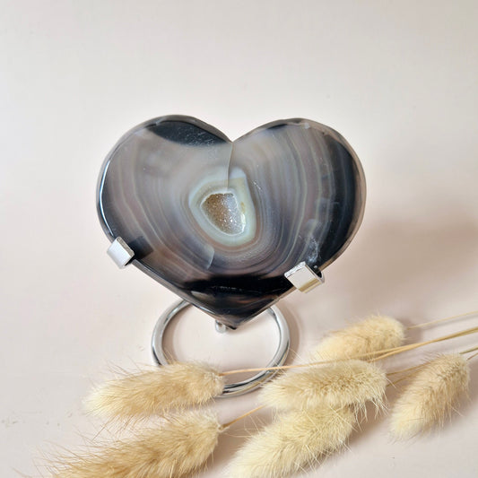 XL Druzy Grijze Agaat Edelsteen Hart – Inclusief Standaard - #21 154g 10cm
