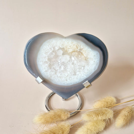 XL Druzy Grijze Agaat Edelsteen Hart – Inclusief Standaard - #22 218g 12cm