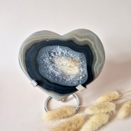XL Druzy Grijze Agaat Edelsteen Hart – Inclusief Standaard - #26 230g 12cm