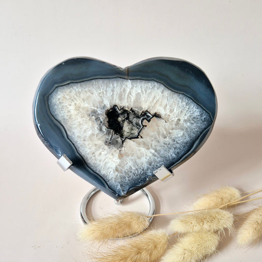 XL Druzy Grijze Agaat Edelsteen Hart – Inclusief Standaard - #27 280g 12,5cm